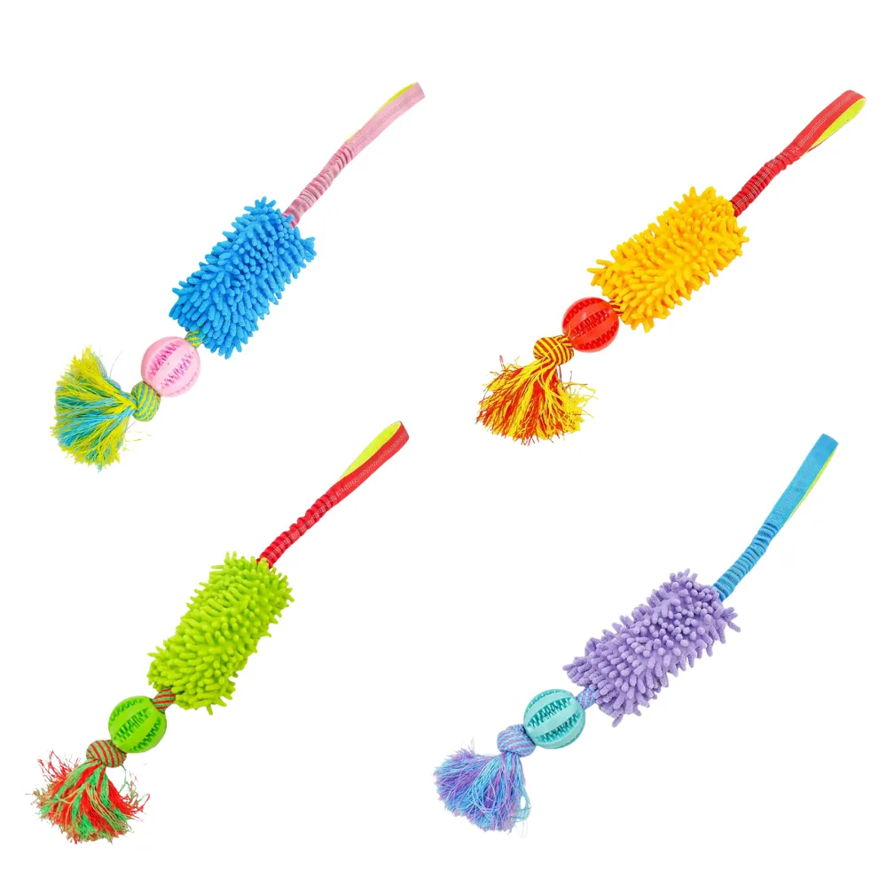 Wholesale interactive dog tug toy with treat dispensing ball and plush mop section for retail pet stores