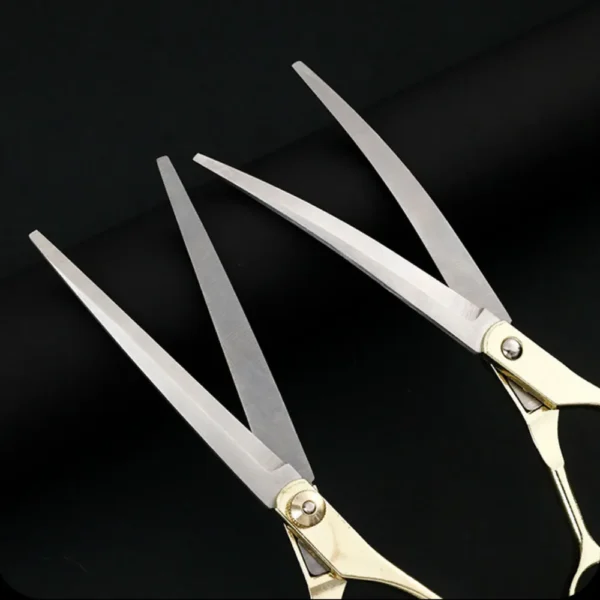 10010 Pet groomer using stainless steel grooming scissors on a dog in a grooming salon