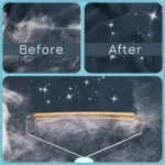 10013 Pet owner using fur remover on car seat for effective pet hair cleaning