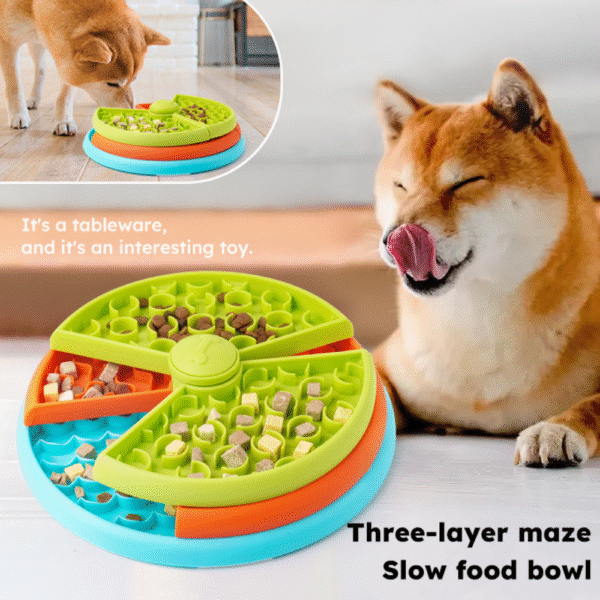 10014 Dog using rotating slow feeder bowl during mealtime indoors