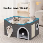 Indoor cat relaxing inside foldable wholesale cat house with scratching board