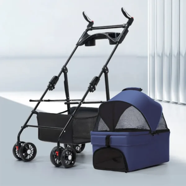 7b02f8c2167b0a49429568ff7963e053 Navy blue deluxe 4-wheel pet stroller with detachable carrier