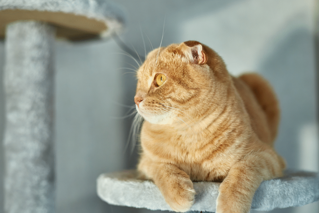 Cat playing on a modern cat tree in a pet store, wholesale cat furniture from China factory
