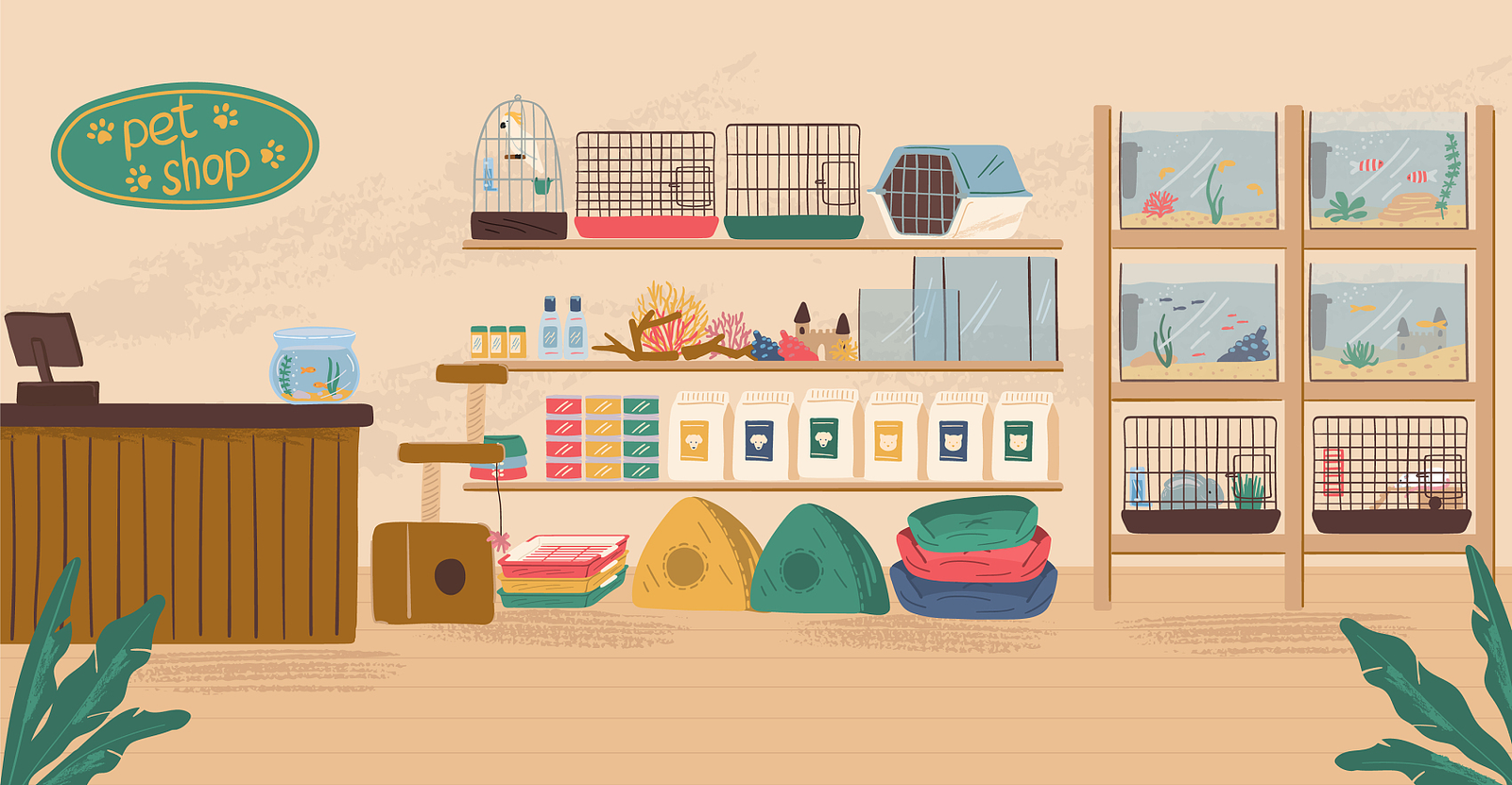 Illustration of pet store FAQs featuring various cat and dog toys and supplies Illustration of pet store FAQs featuring various cat and dog toys and supplies