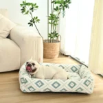 Dog resting in large jacquard plush pet bed – ideal for pet stores and retail displays
