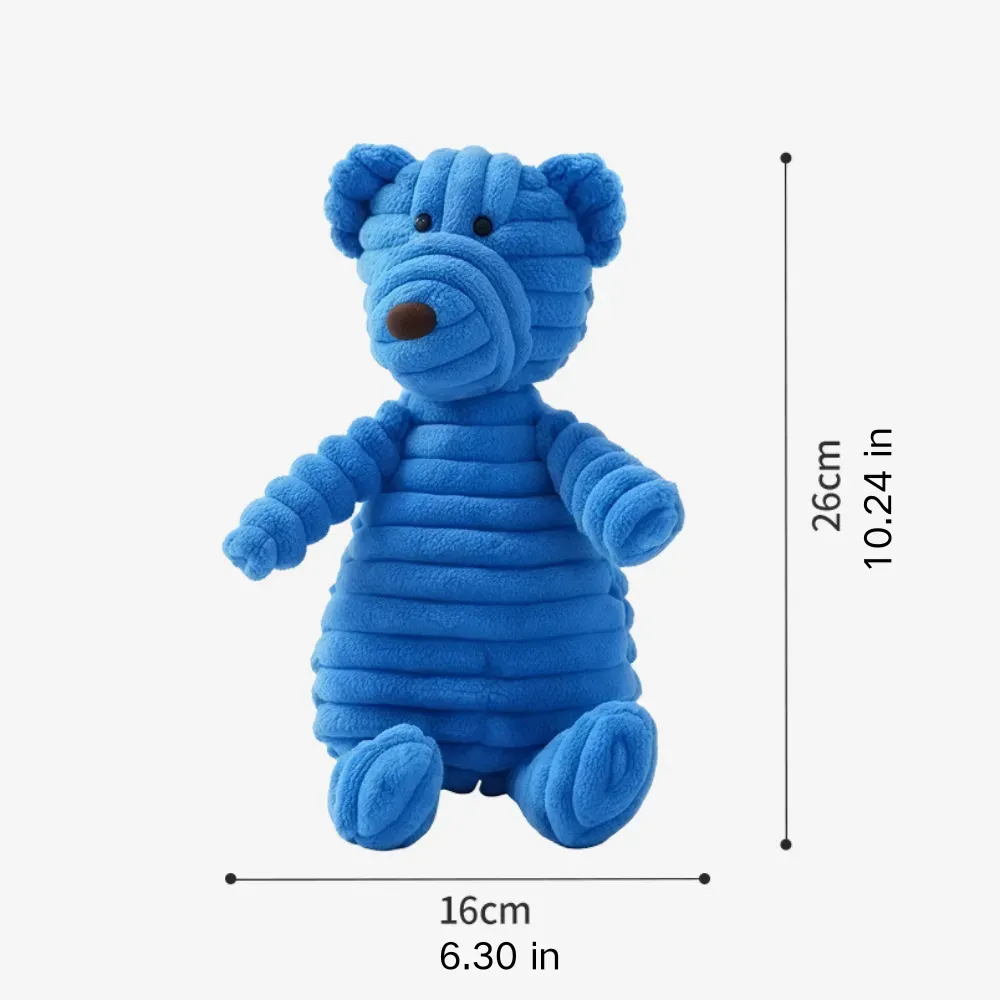 Size comparison chart of wholesale squeaky plush dog toys (dog, duck, bear)