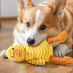 Interactive squeaky plush pet toy showing sound and play function