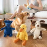 Dog playing with wholesale plush squeaky toy in cute animal design