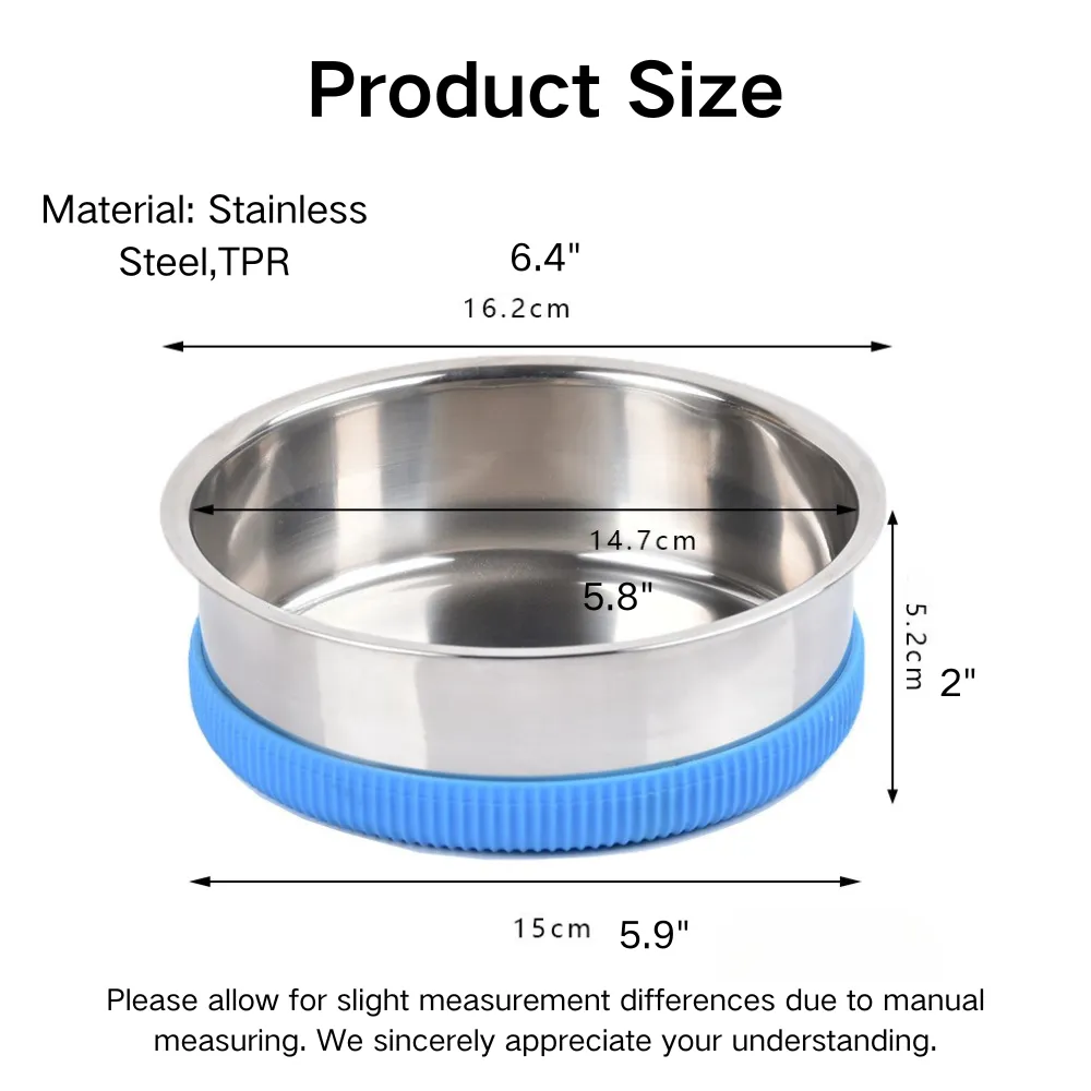 Size chart of stainless steel pet bowl with detachable base for wholesale buyers