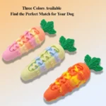 Close-up of silicone carrot dog chew toy texture and squeaker design