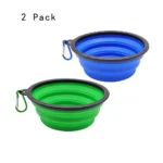 2 Pack collapsible silicone dog bowls with carabiner clip, wholesale portable pet food and water bowls in green and blue