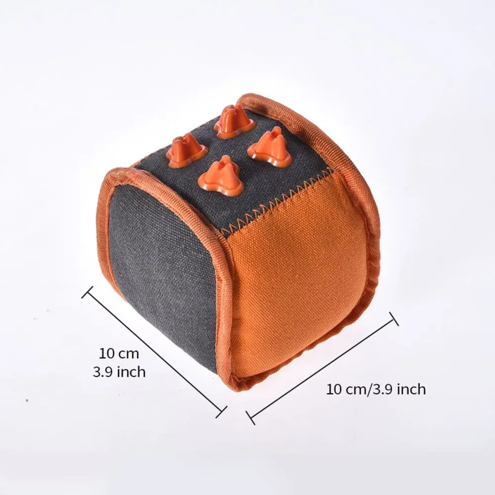 Size reference of chew cube dog toy, designed for puppies and adult dogs.