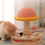 Cat playing with 2-in-1 scratching post and track ball toy in a home setting