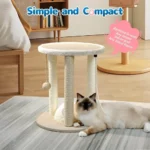 Close-up of sisal rope scratching posts and hanging play ball toy