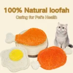Cat playing with loofah chew toy on the floor, showing interactive self-play and boredom relief.