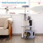 Large cat climbing and lounging on wholesale multi-level cat tree tower in modern pet store