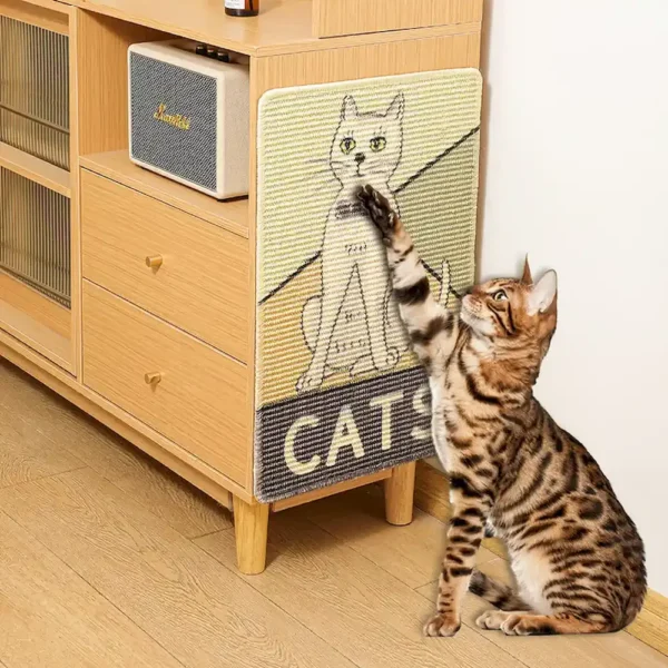 10002 Cat using jute scratcher mat in living room, ideal for preventing furniture damage