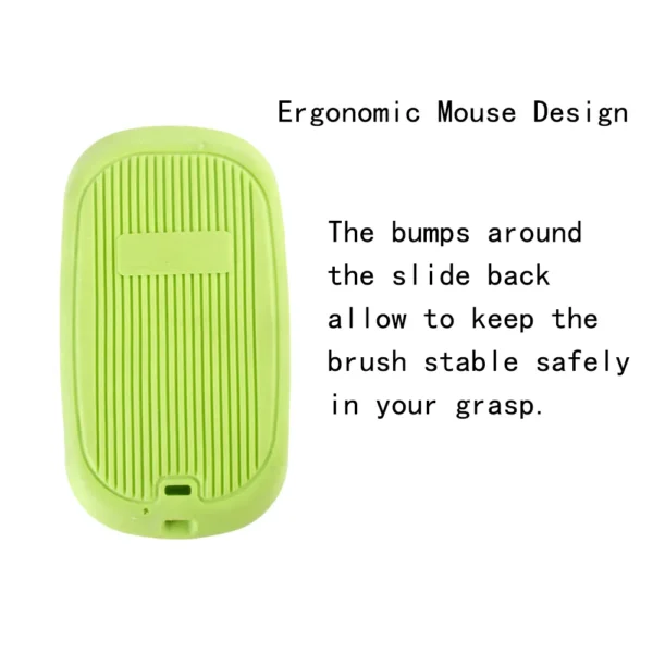 10002 Pet owner using green rubber bath brush to groom dog during bath