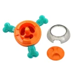 10002 Close-up of chewable rubber bone details and treat dispensing outlet on wholesale dog toy slow feeder