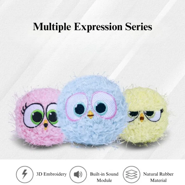 10002 Close-up of plush squeaky dog ball with embroidered cartoon face design