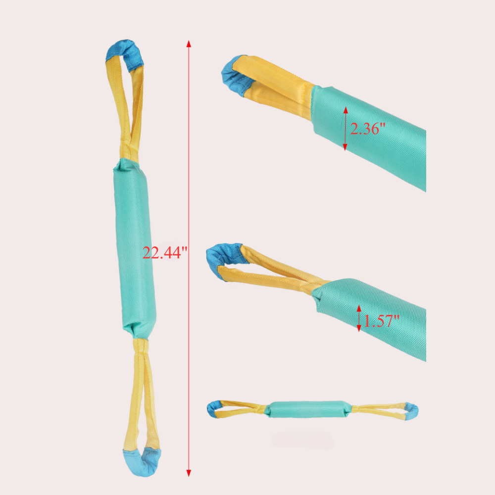 Dimensions of interactive dog tug rope toy with double handle design