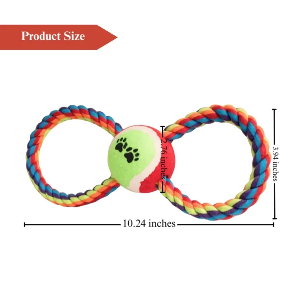 10003 Size comparison of figure eight rope tennis ball dog toy with measurements