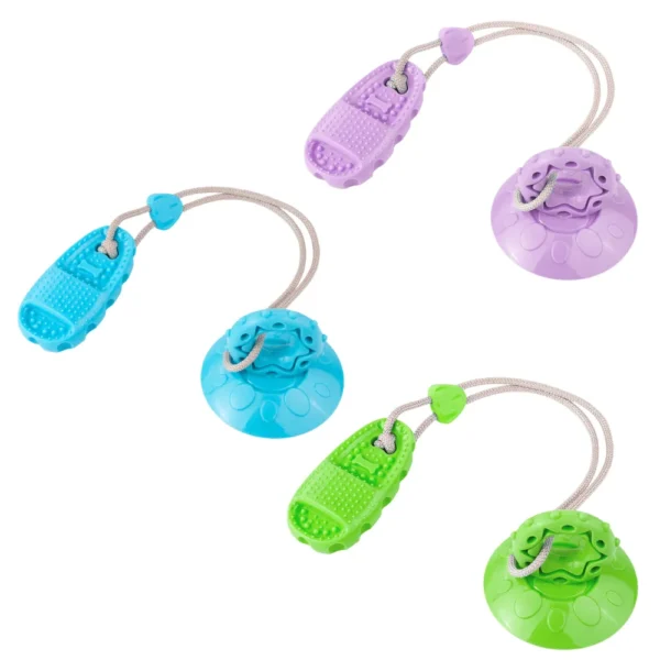 Suction cup dog toy with slipper design for interactive chewing and tugging