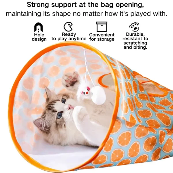 10003 Indoor cat playing in foldable 3-layer tunnel with hanging mouse