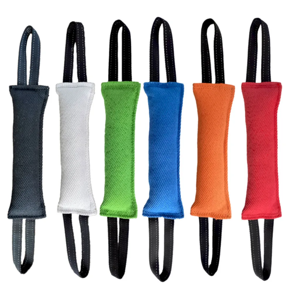 Durable bite training dog tug toy with double handles for wholesale