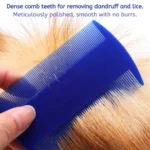 Close-up of fine-tooth blue flea comb for cats and dogs – flea removal grooming tool