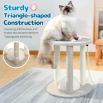 Close-up of sisal rope scratching posts and hanging play ball toy