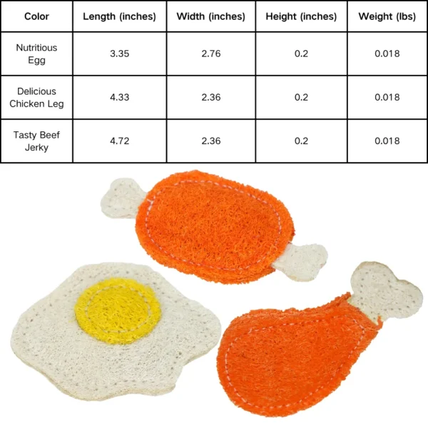 10003 Size chart of natural loofah cat chew toy with measurements in cm/inches for wholesale buyers.