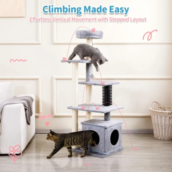10004 Large cat climbing and lounging on wholesale multi-level cat tree tower in modern pet store