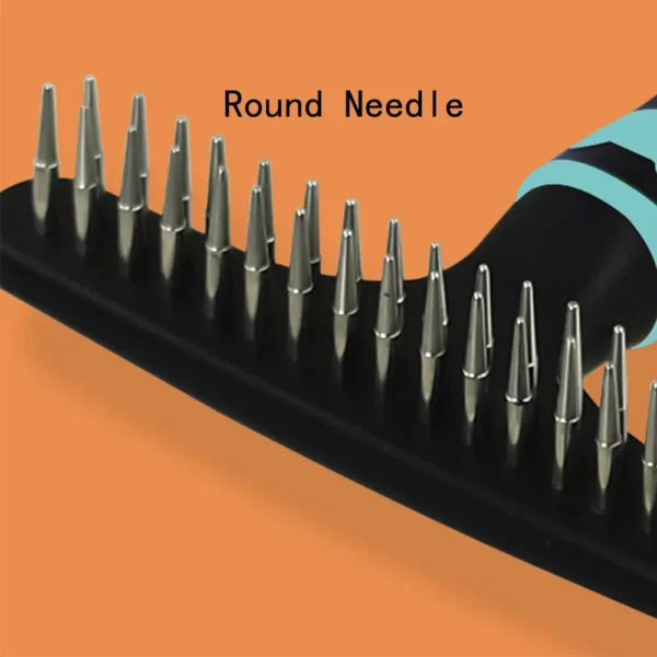 10004 Close-up of round stainless steel needles on double row deshedding comb for pets