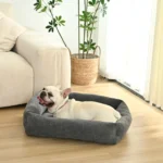Medium dog resting in grey wholesale pet bed with soft fabric and anti-slip bottom