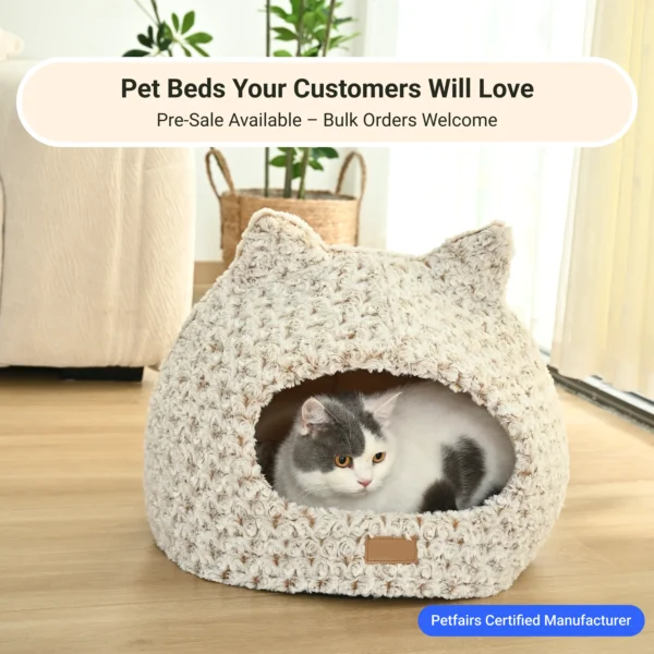 10004 Cat resting inside cozy plush bed with cat-ear design in a home setting