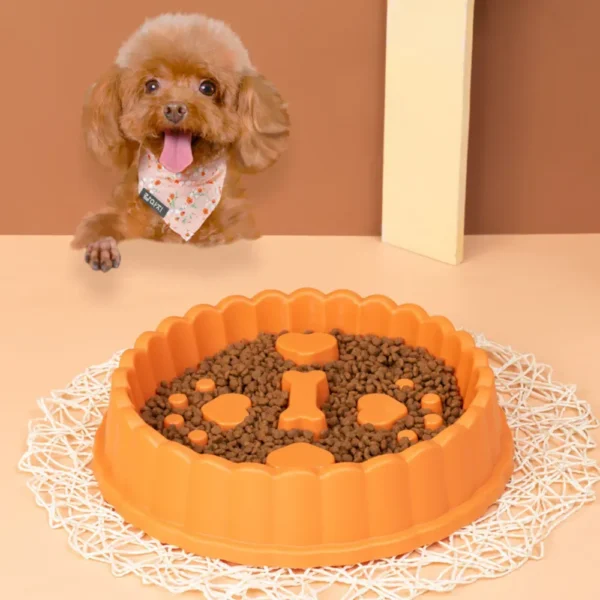 10004 Orange slow feeder bowl with bone and heart-shaped design for pets