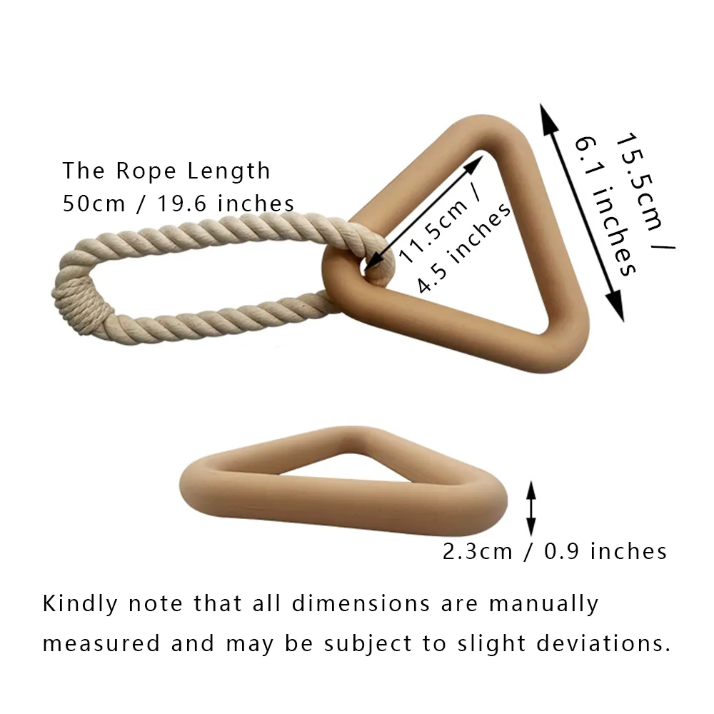 Size chart of triangle TPR dog tug toy with cotton rope – wholesale dog toy dimensions