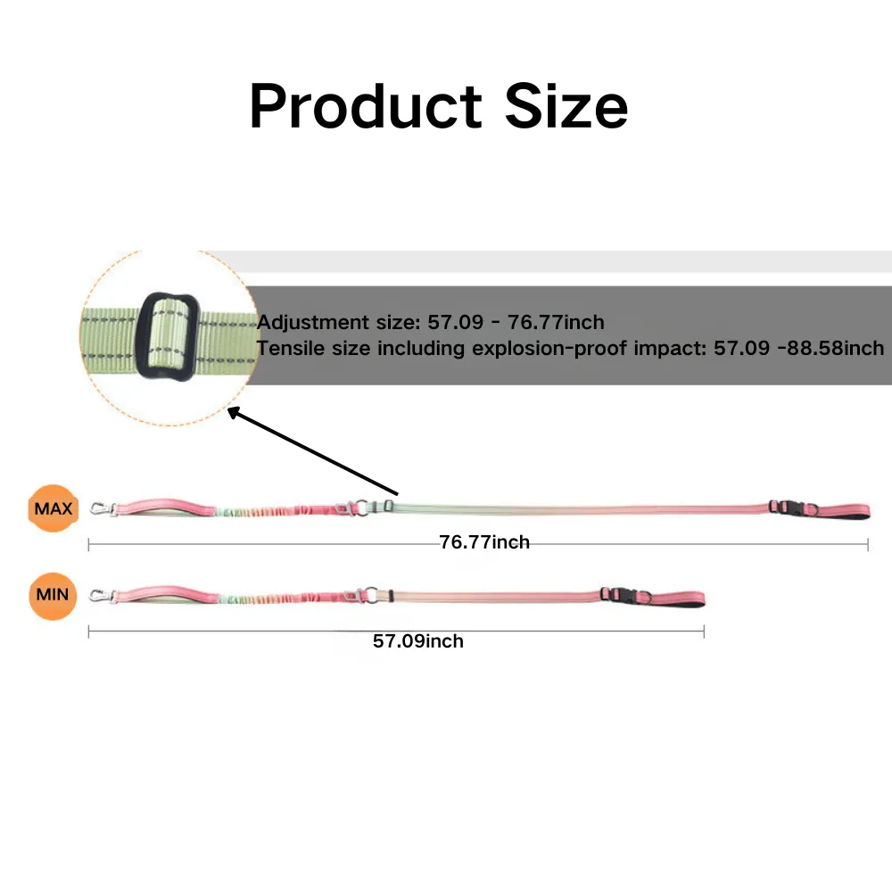 Size guide of gradient color hands-free bungee dog leash showing adjustable length for wholesale buyers