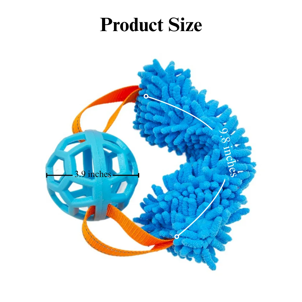 Size chart of wholesale TPR treat dispensing dog toy with plush rope