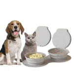 Portable double feeding bowl holding food and water for pets