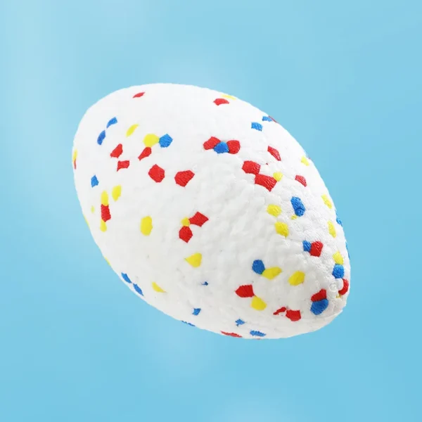 10005 Dog playing fetch with 5 inch rugby floating ball in outdoor park