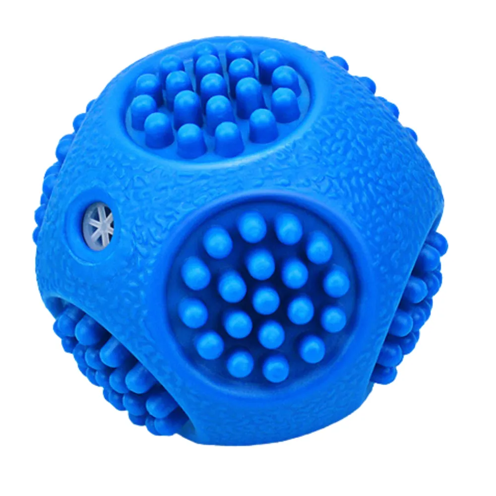 Durable blue TPR dog chew ball with textured surface and squeaker