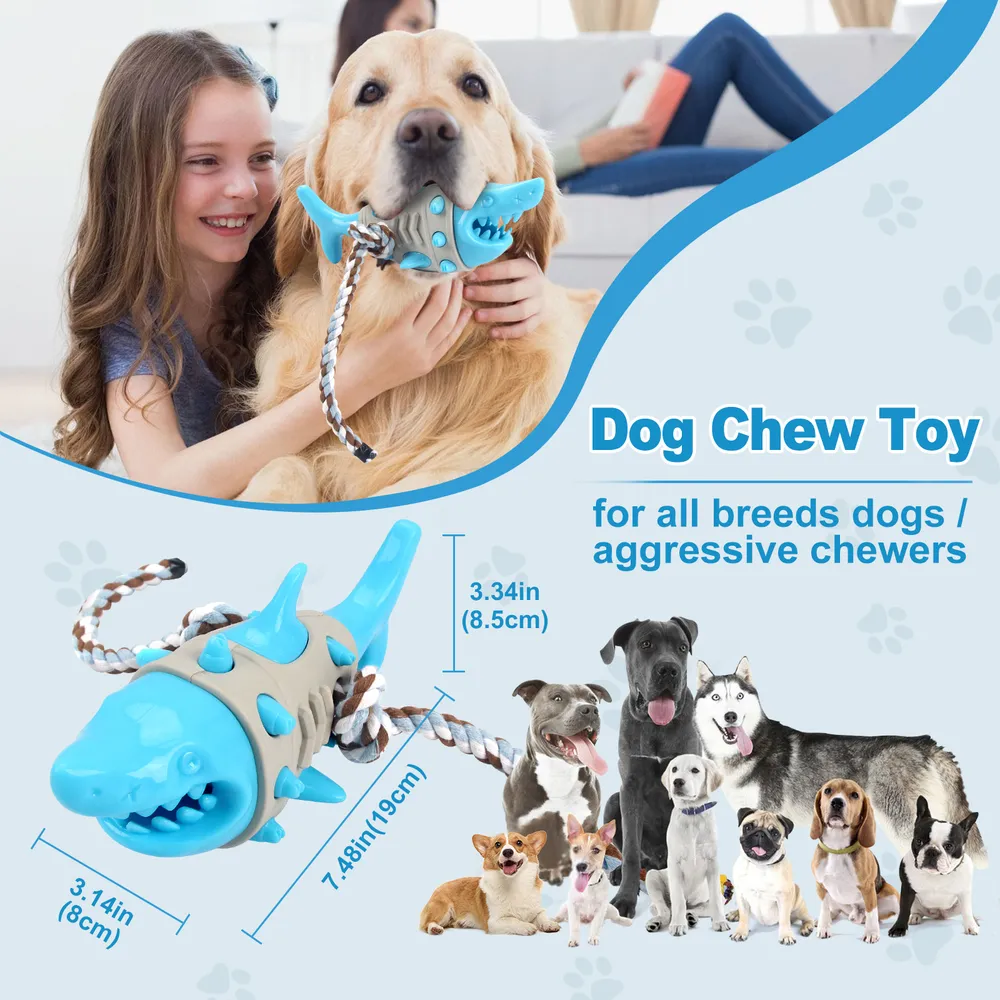 Shark rope chew toy size chart suitable for small, medium, and large dogs