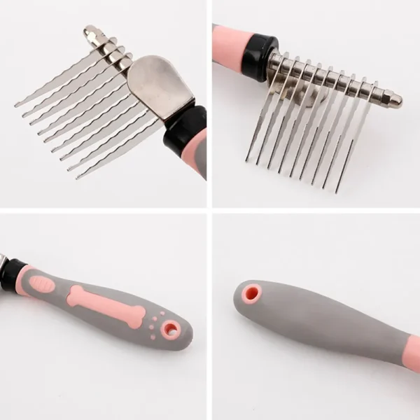 10005 Close-up of sharp serrated stainless steel blades on pet dematting comb for cats and dogs