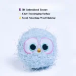 10005 Close-up of plush squeaky dog ball with embroidered cartoon face design