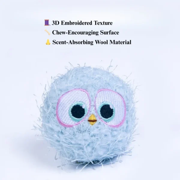 10005 Close-up of plush squeaky dog ball with embroidered cartoon face design