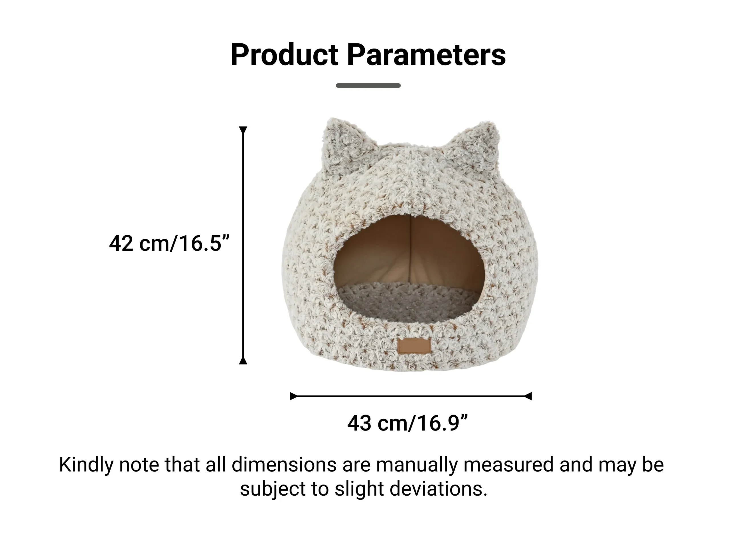 Product size chart of plush cat bed with cat-ear design for cats and small pets