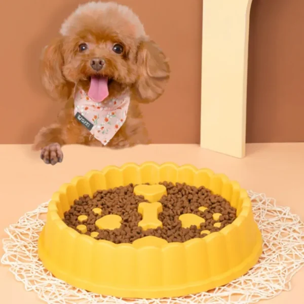 10005 Yellow slow feeder bowl with anti-choking design for pets