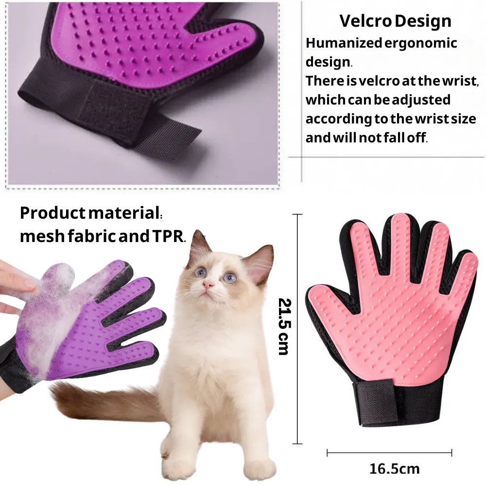 Size chart of pet grooming gloves showing fit for different hand sizes